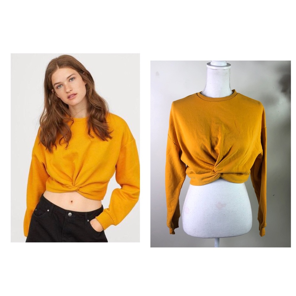 H & M Divided women’s cropped knotted pullover sweater mustard yellow Sz Sm